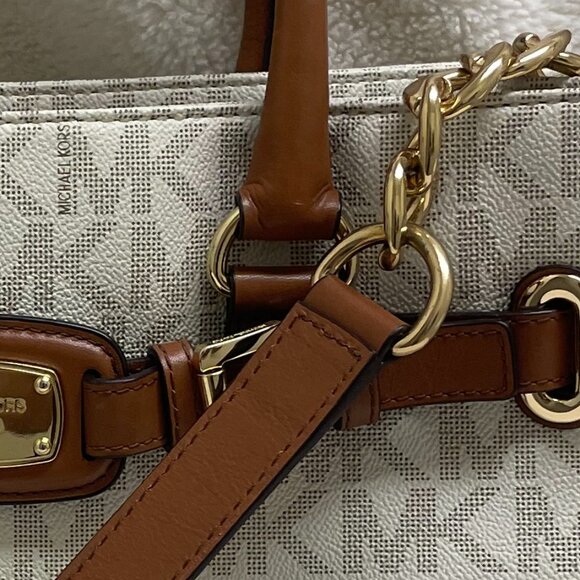 NWT Gorgeous Michael Kors Hamilton Cream w/Leather Brown Trim Lg Tote - Picture 12 of 13